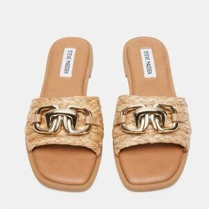 Steve Madden Tan Raffia Slide Sandals with Gold Chain